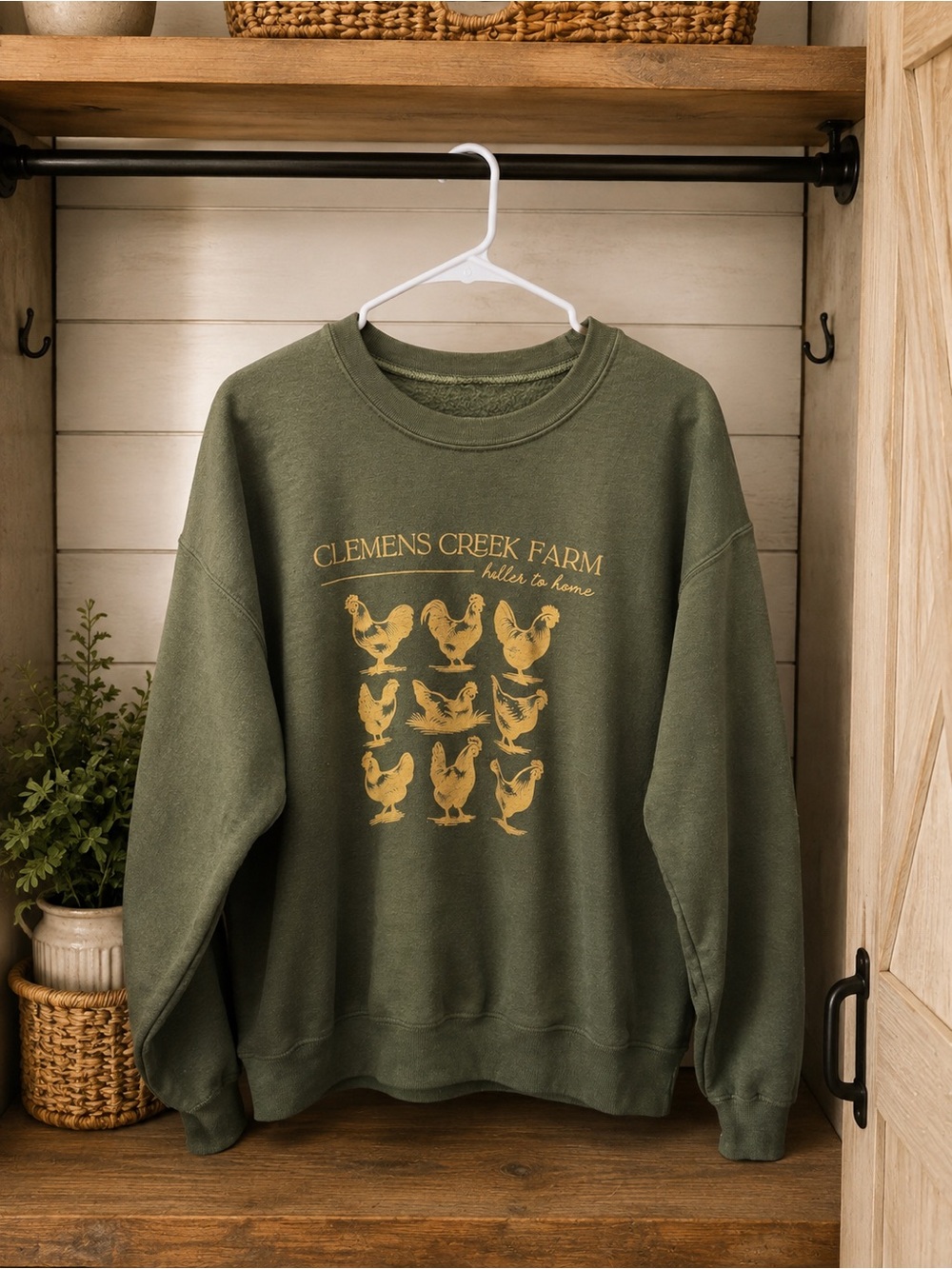 Gildan Olive Green Crewneck Sweatshirt with Yellow Chicken Graphic